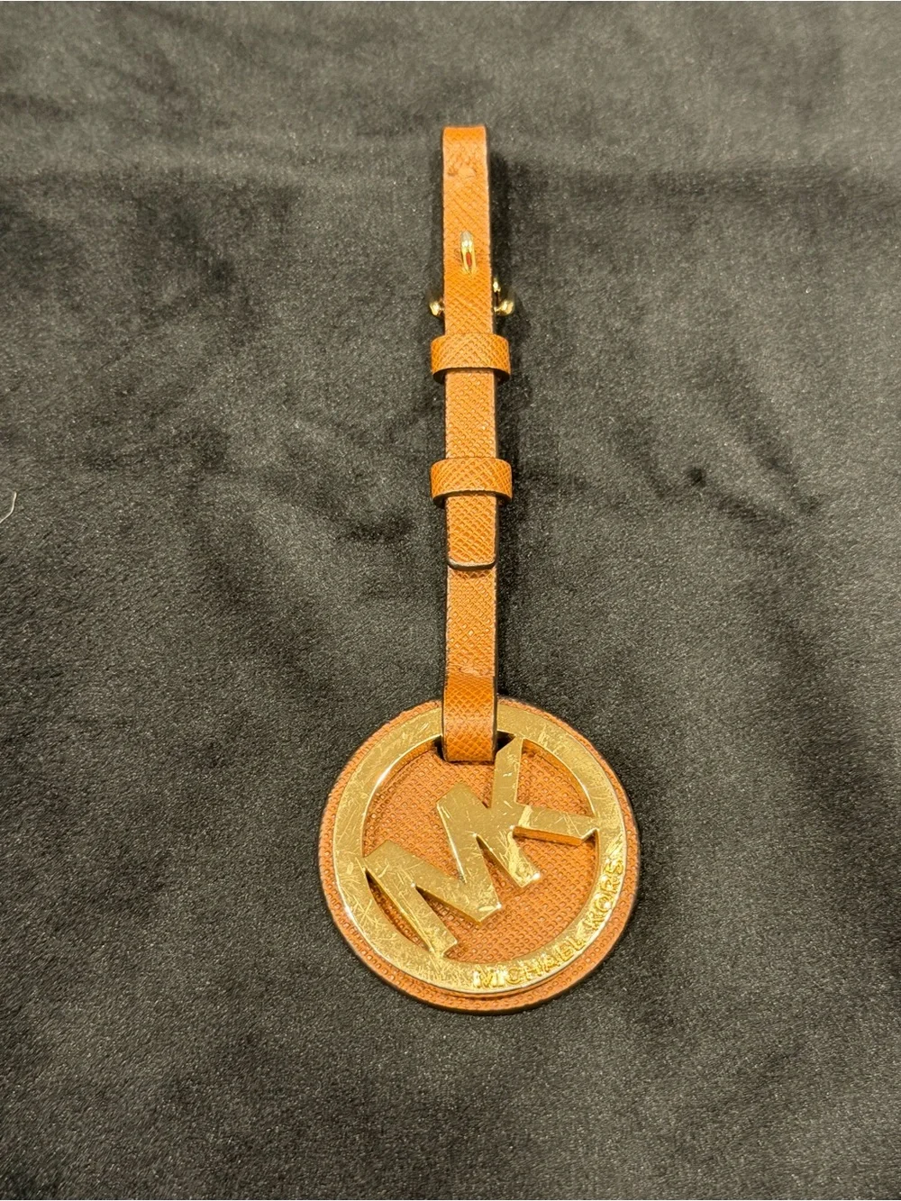 Michael Kors Tan Leather MK Circle Bag Tag with Gold Logo
